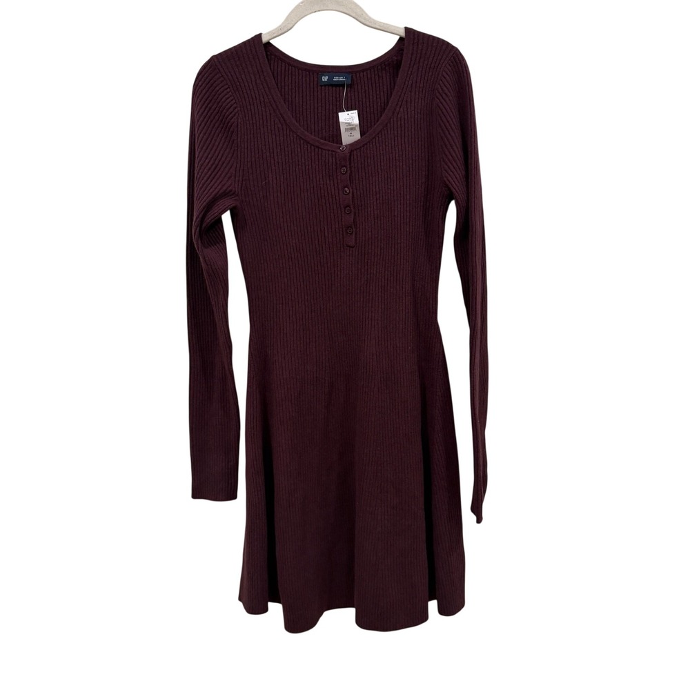 Gap Womens Bordeaux Ribbed Henley Fit and Flare Mini Dress Tall Medium 856392-01
